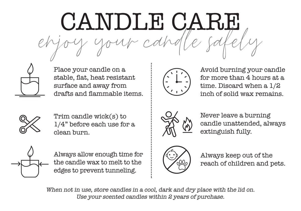 Care guide for Milkhouse Wild Lilacs candle, ensuring safe use and best burn.