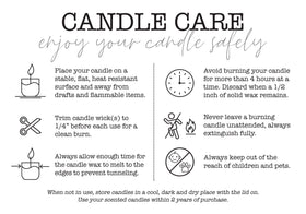 Care guide for Milkhouse Wild Lilacs candle, ensuring safe use and best burn.