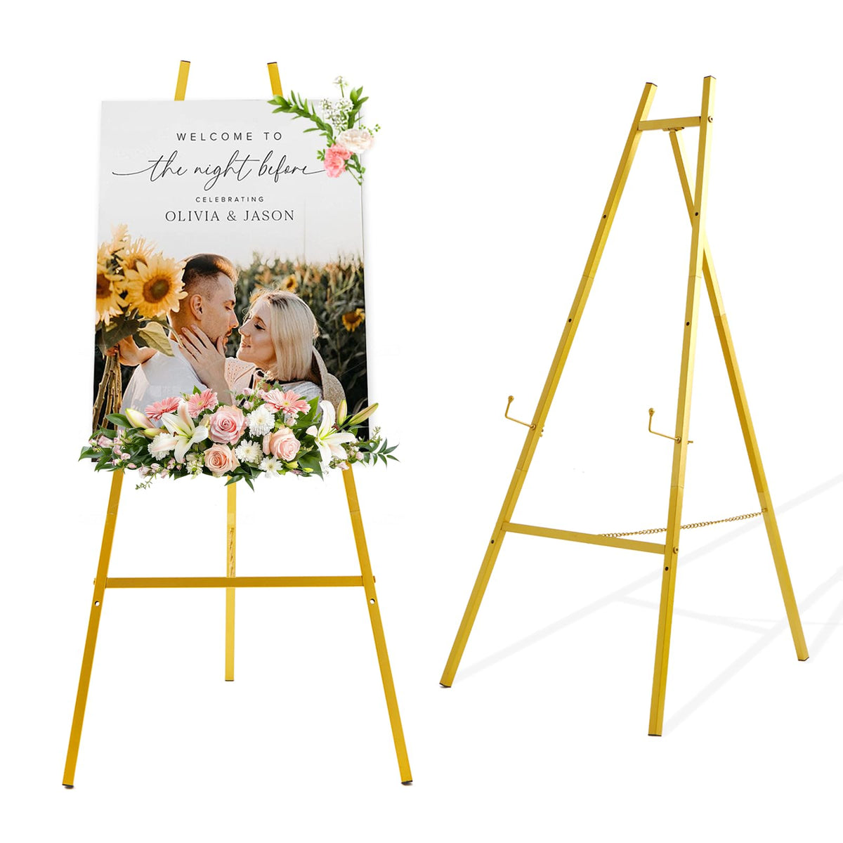 Milostelom 43.5in gold floor easel displaying a compact sign for easy viewing.