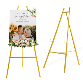 Milostelom 43.5in gold floor easel displaying a compact sign for easy viewing.