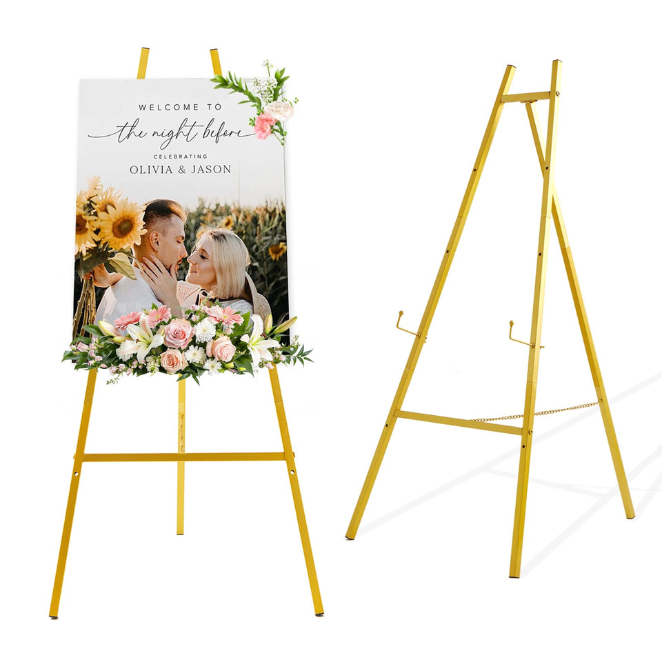 Milostelom 43.5in gold floor easel displaying a compact sign for easy viewing.