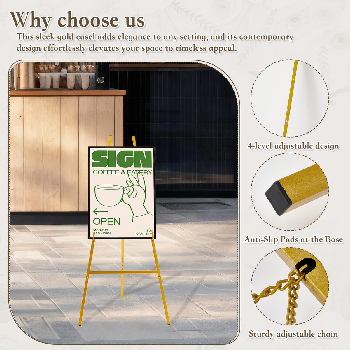 Milostelom easel with a rotatable hook for versatile sign angles.