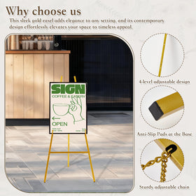 Milostelom easel with a rotatable hook for versatile sign angles.