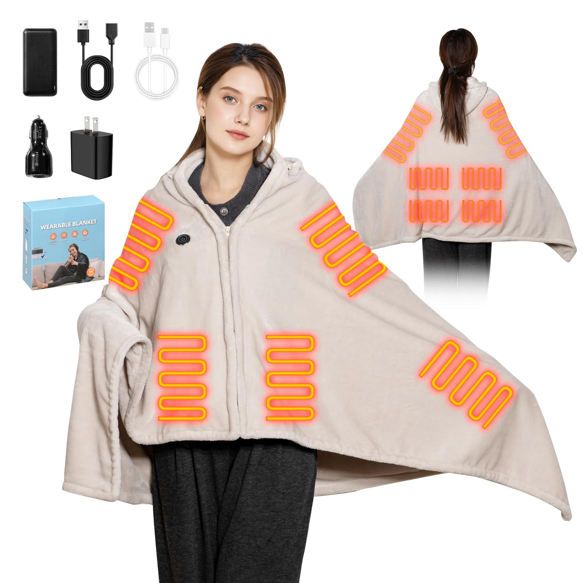MIMYTH cordless blanket with hood worn for cozy warmth at home
