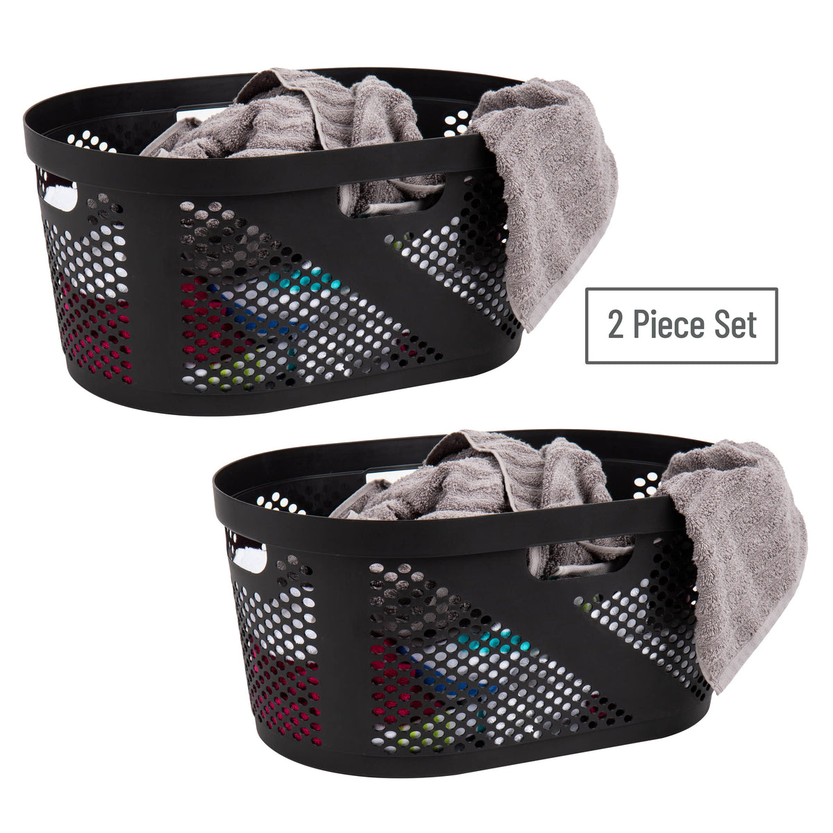 Mind Reader 40L ventilated basket in bathroom setting for towels and quick laundry.