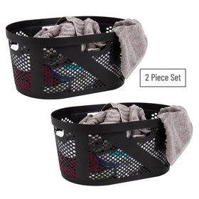 Mind Reader 40L ventilated basket in bathroom setting for towels and quick laundry.