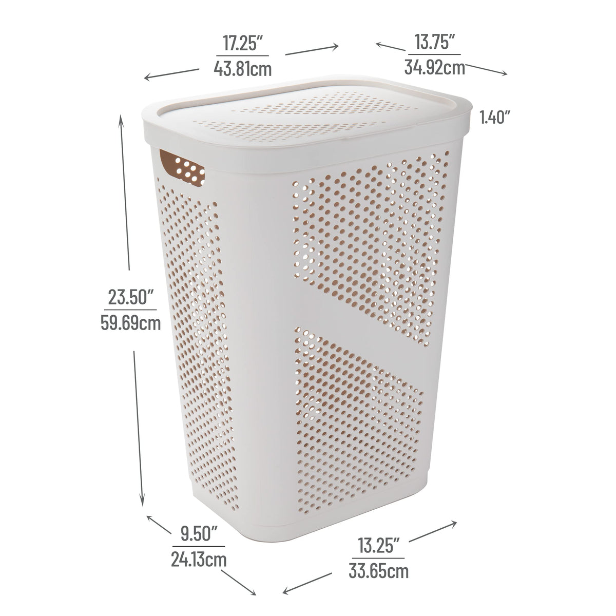 Mind Reader 60L slim hamper shows integrated handles for easy carrying.