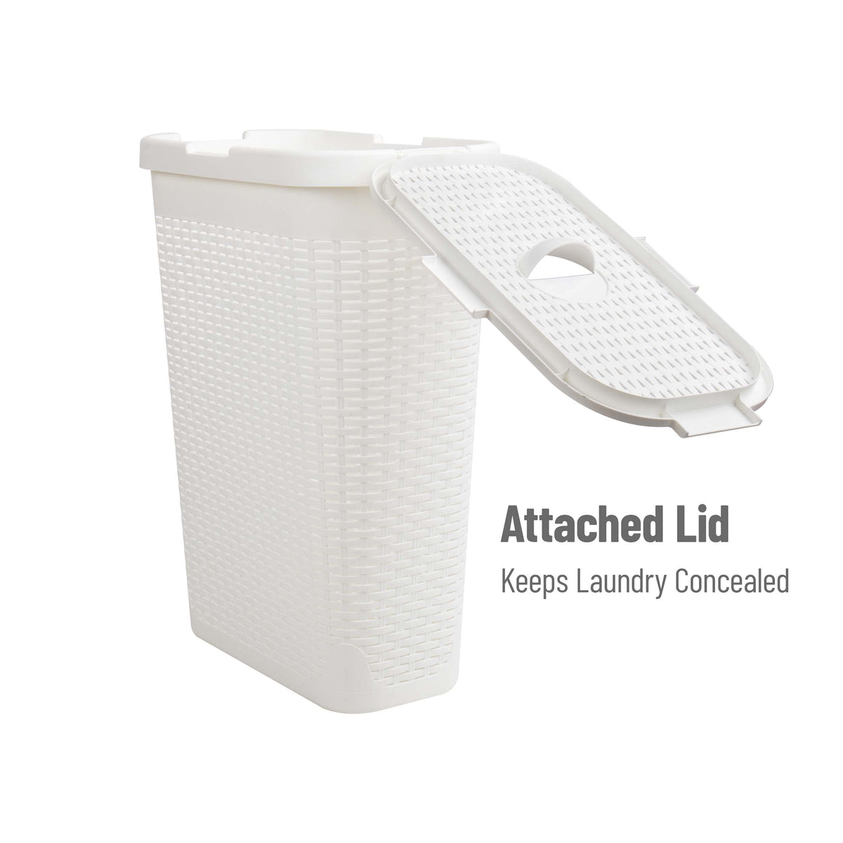 Mind Reader hinged lid keeps contents out of sight for tidy spaces.