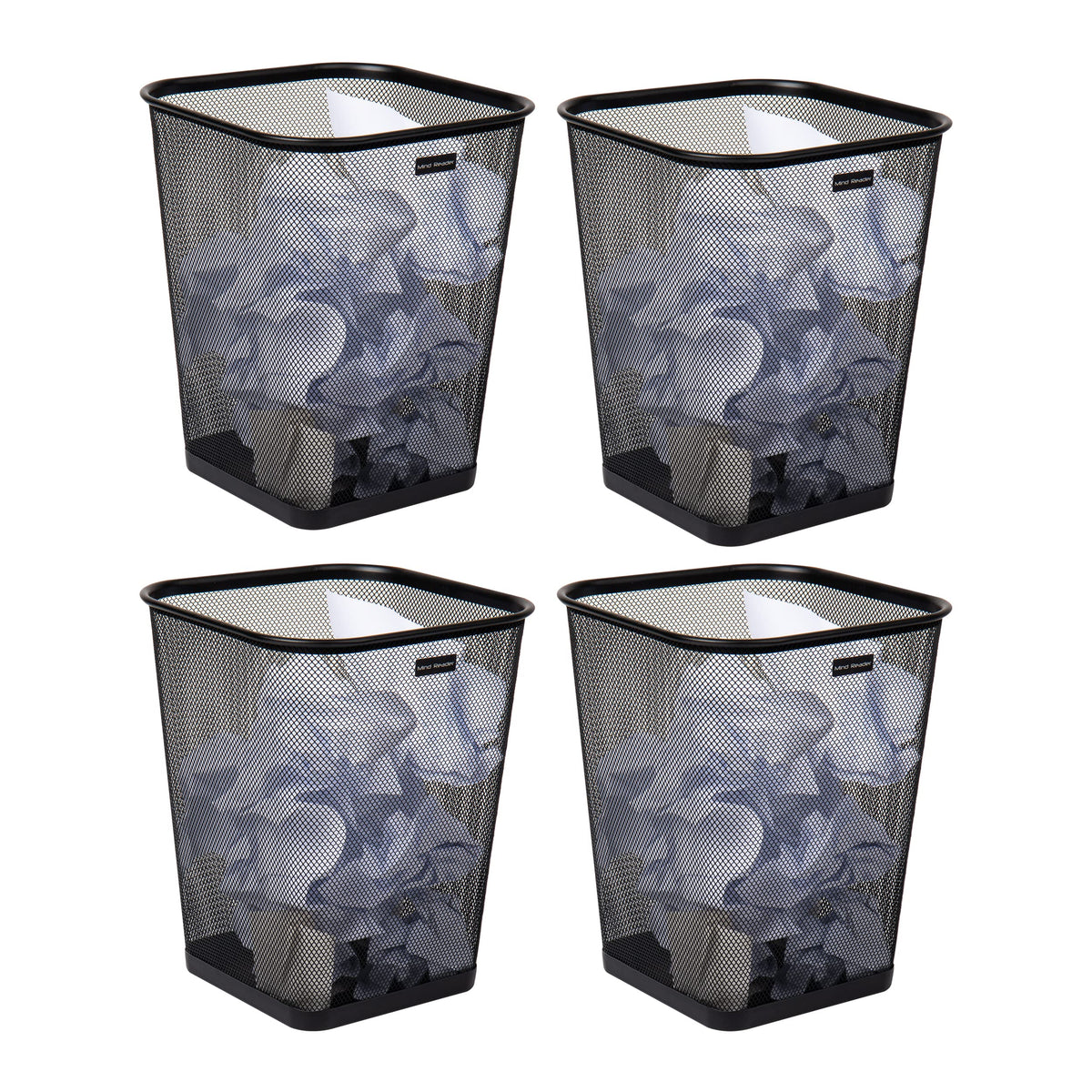 Mind Reader mesh trash bin square 4-pack in black, space-saving for office organization.