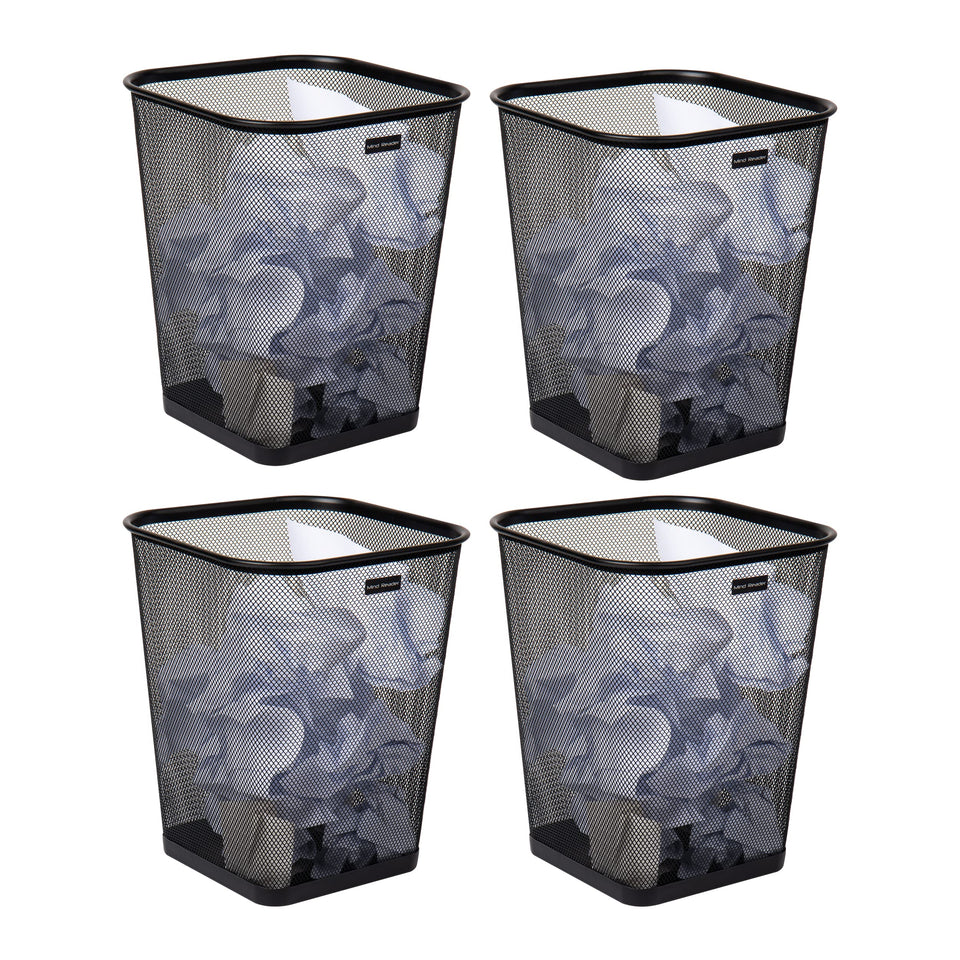 Mind Reader mesh trash bin square 4-pack in black, space-saving for office organization.