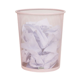 Mind Reader mesh trash can in pink, round design ideal for desk-area waste.