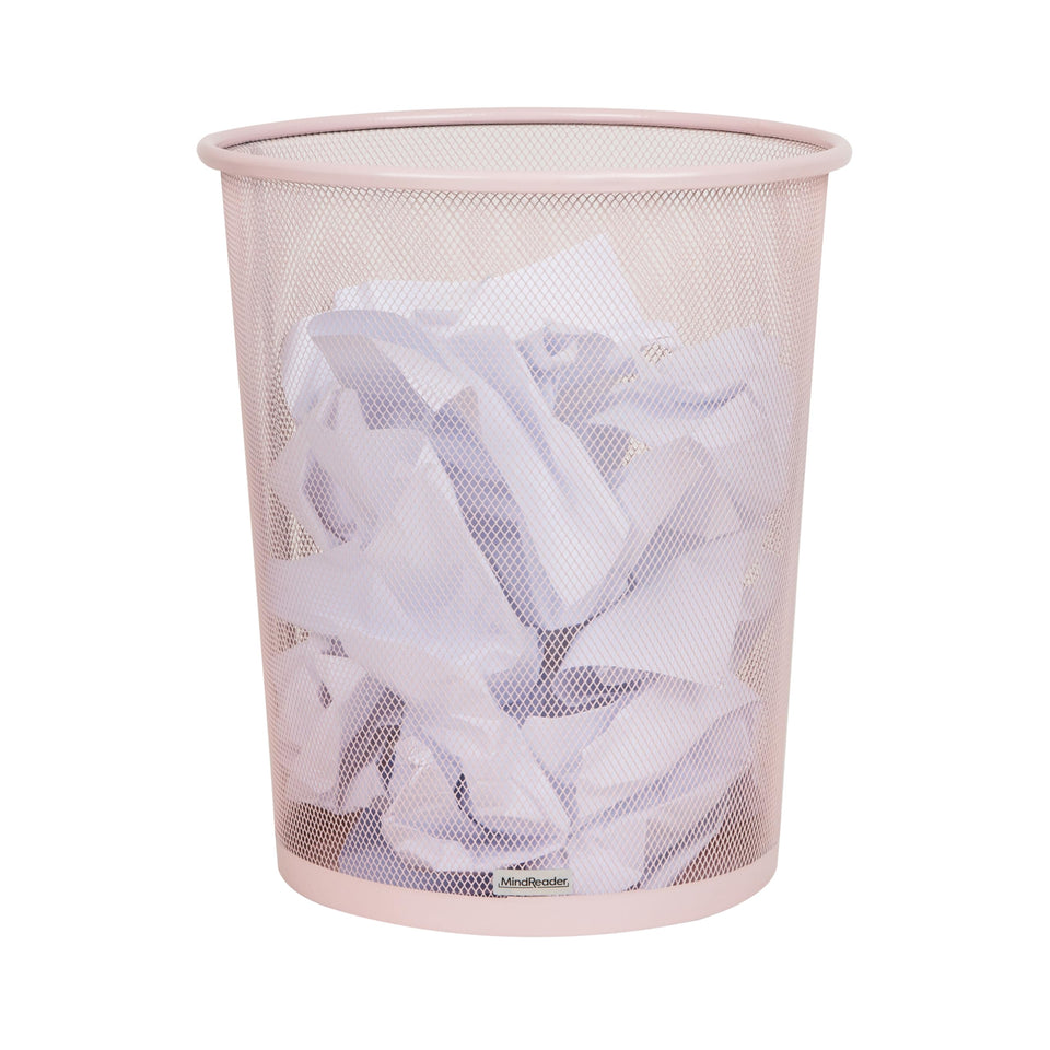 Mind Reader mesh trash can in pink, round design ideal for desk-area waste.