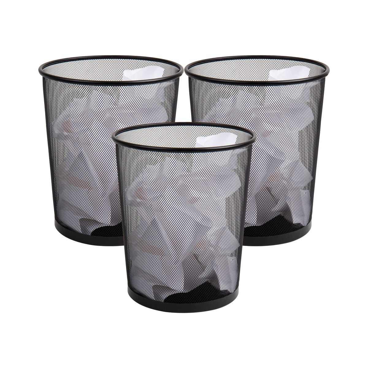 Mind Reader mesh trash can set of 3 shown together for coordinated office organization.