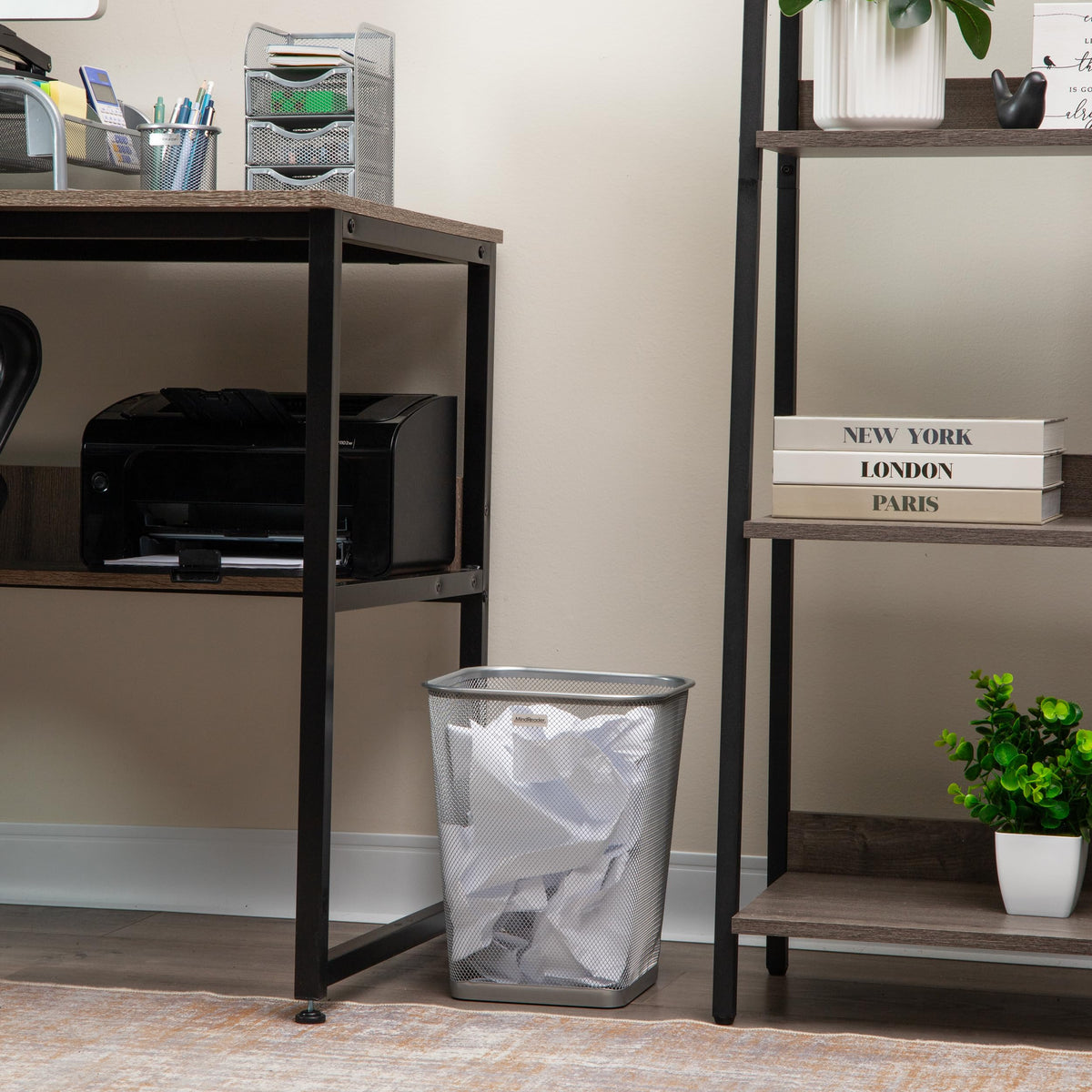 Mind Reader mesh trash can close-up shows reinforced rim for durability.
