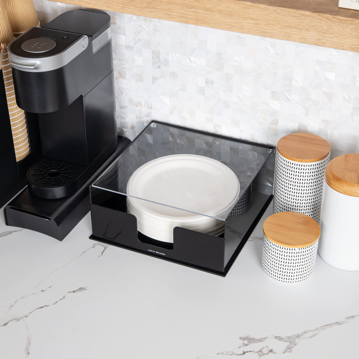 Mind Reader plate dispenser with black acrylic lid blends with decor and keeps plates clean