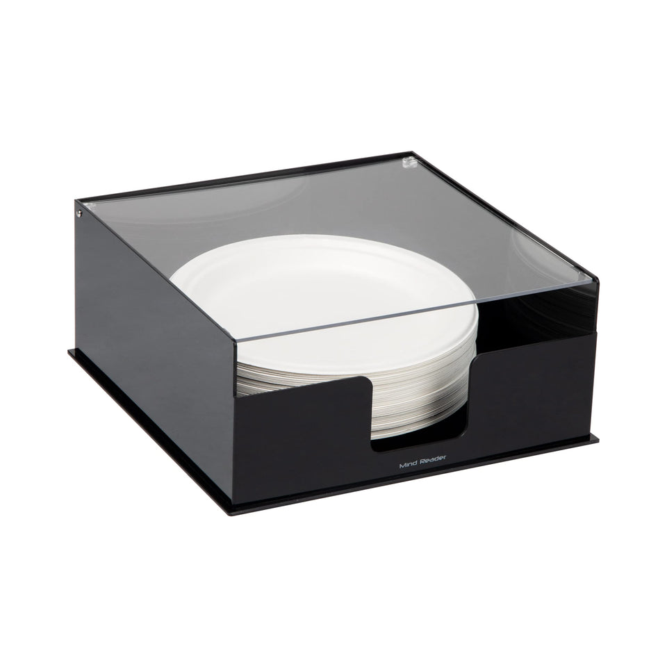 Mind Reader plate dispenser with clear lid offers quick plate access at gatherings