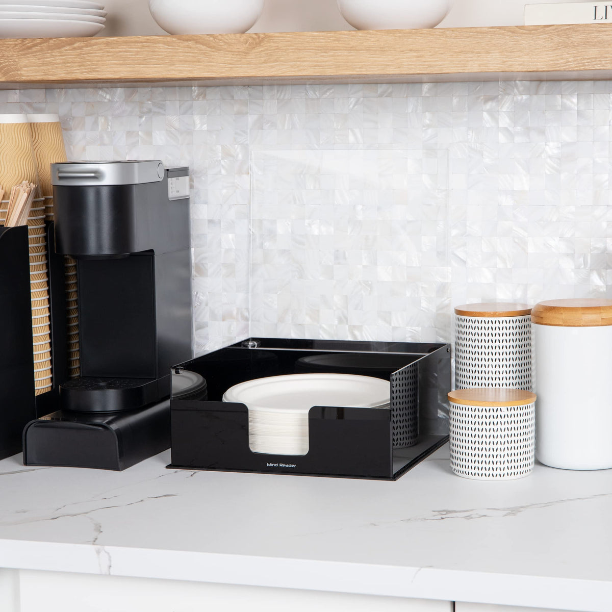 Mind Reader plate dispenser compact design fits small spaces and shelves neatly