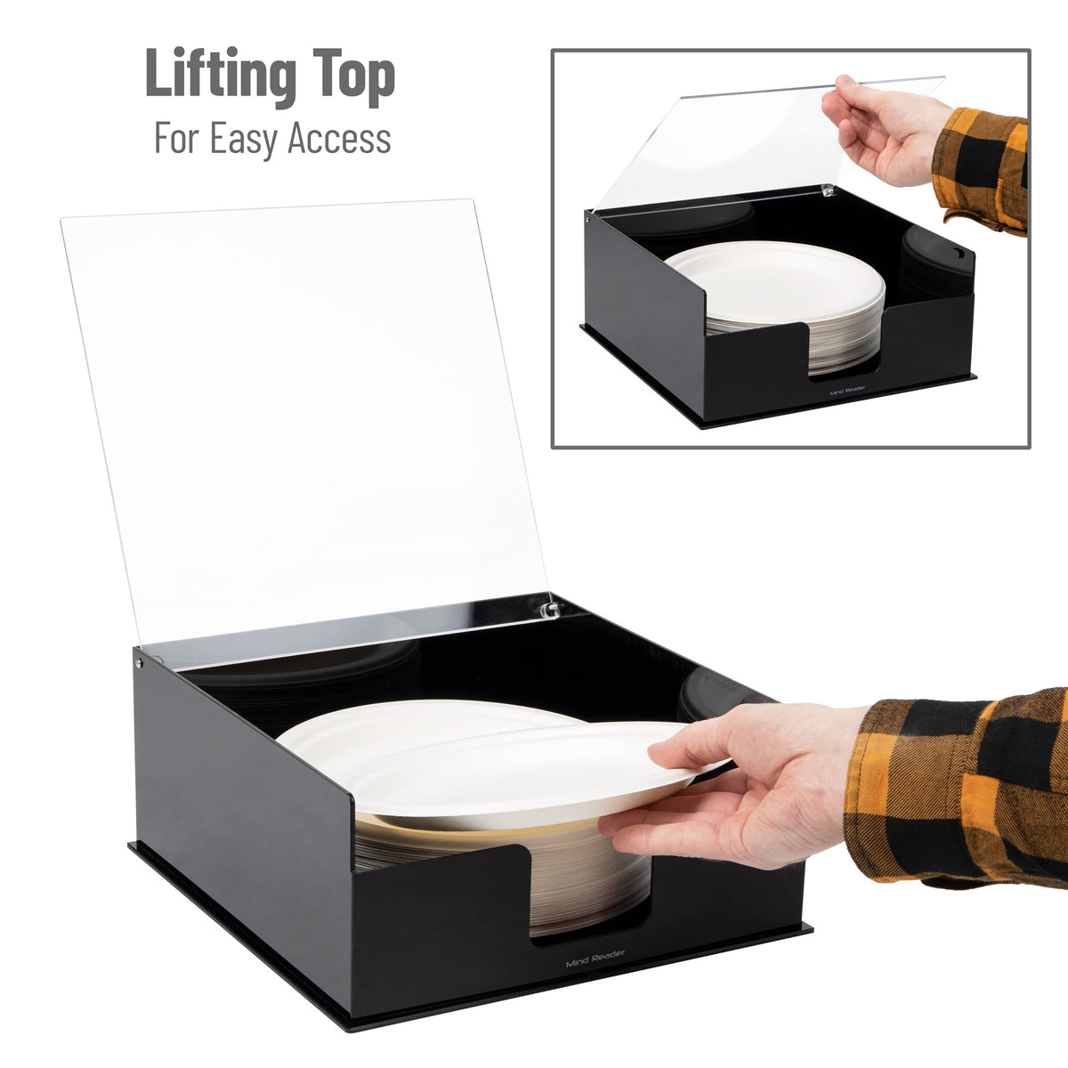Mind Reader plate dispenser 11x11x5-inch footprint keeps plates organized