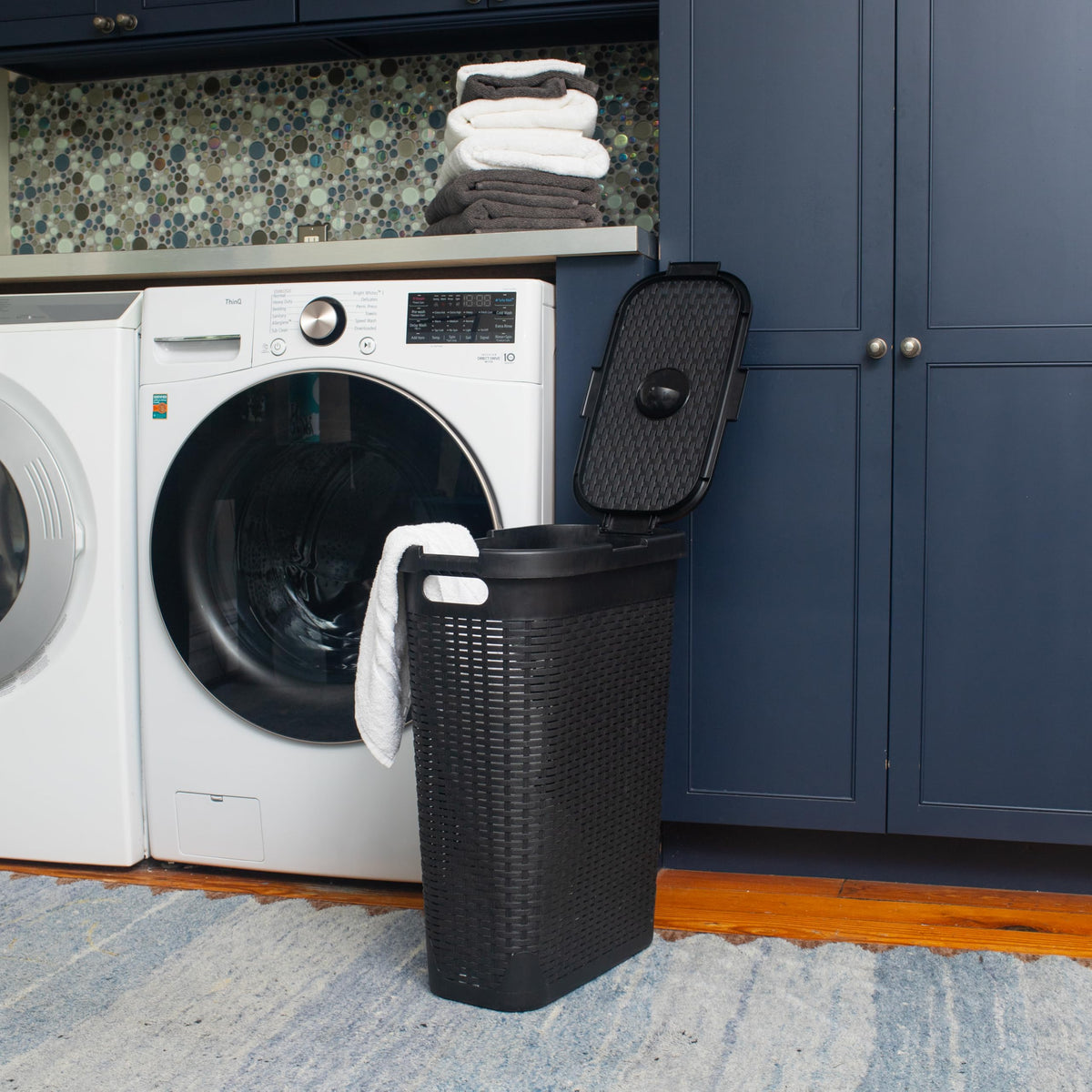 Mind Reader Slim Hamper with open cutout pattern for ventilated laundry care.