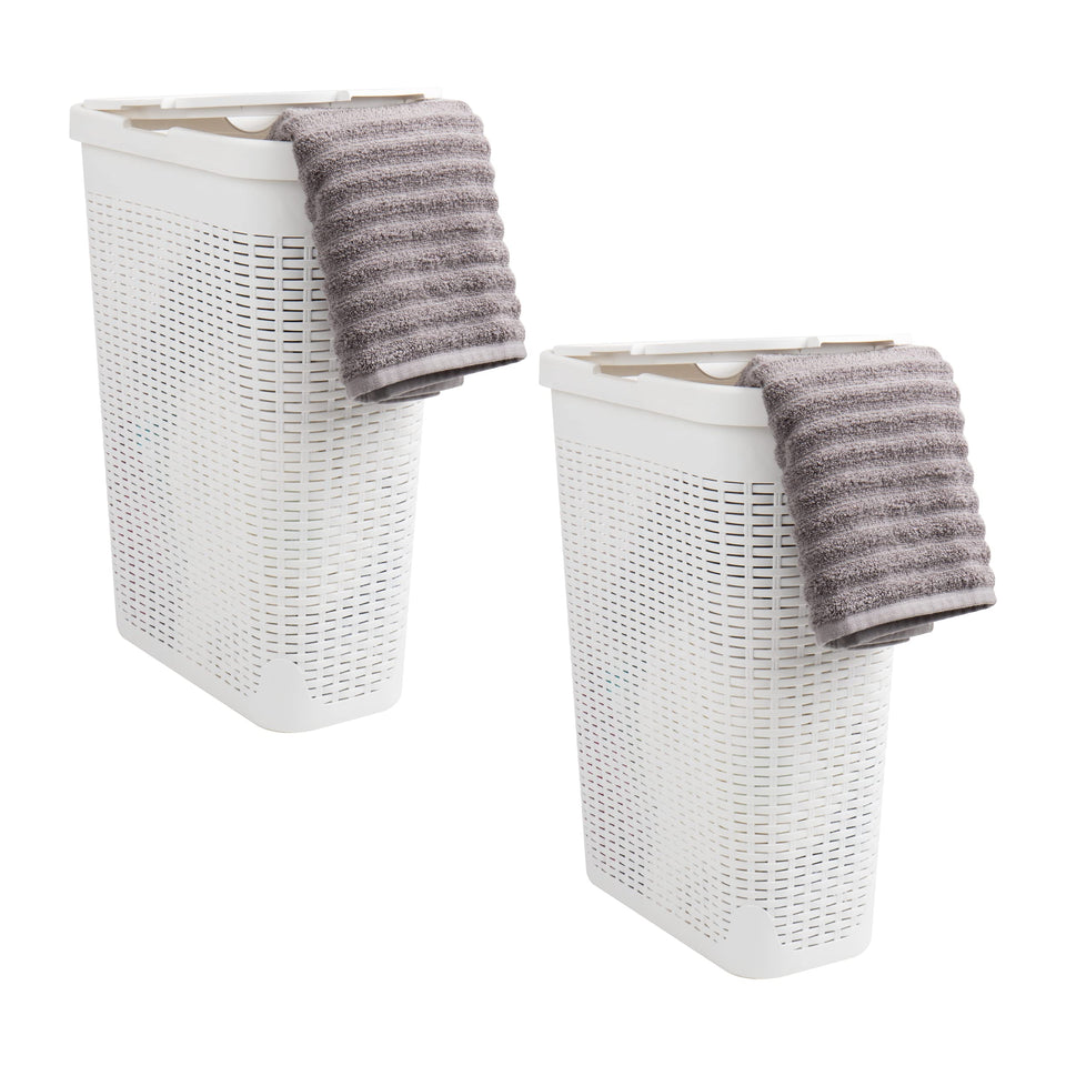 Mind Reader slim laundry hamper with lid, white, 40L capacity ideal for bedrooms.