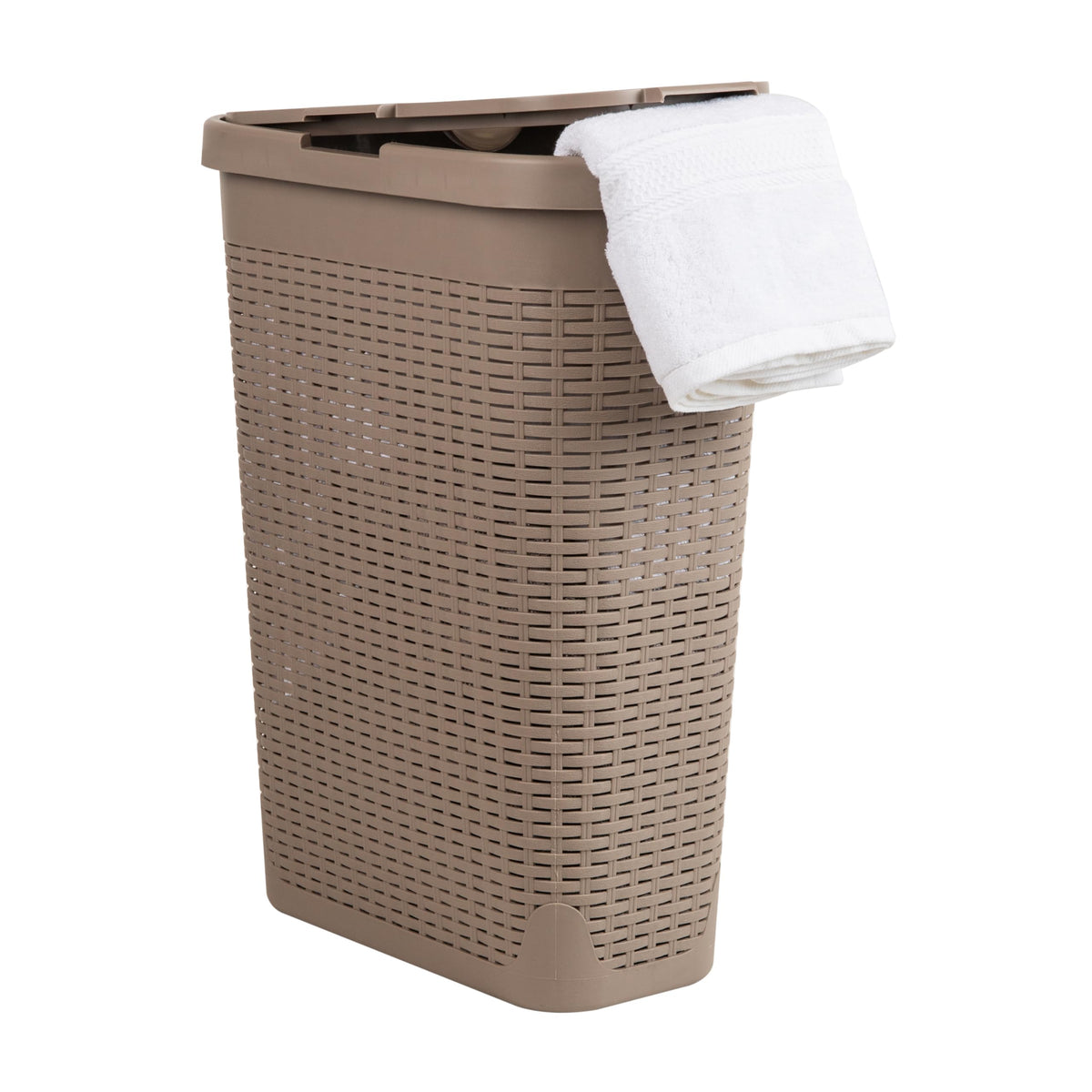 Mind Reader Slim Laundry Hamper with Lid viewed lid-closed to show concealed laundry.