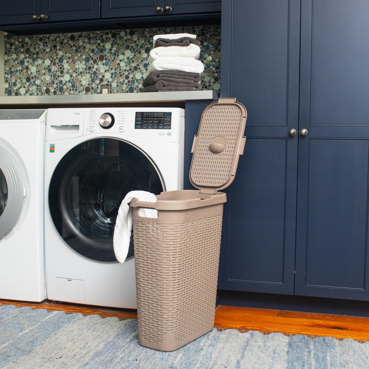 Mind Reader Slim Hamper showcased with narrow profile fitting tight spaces.