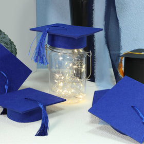 Mindsoft blue felt cap lid delivers durable, reusable elegance for graduations and parties.