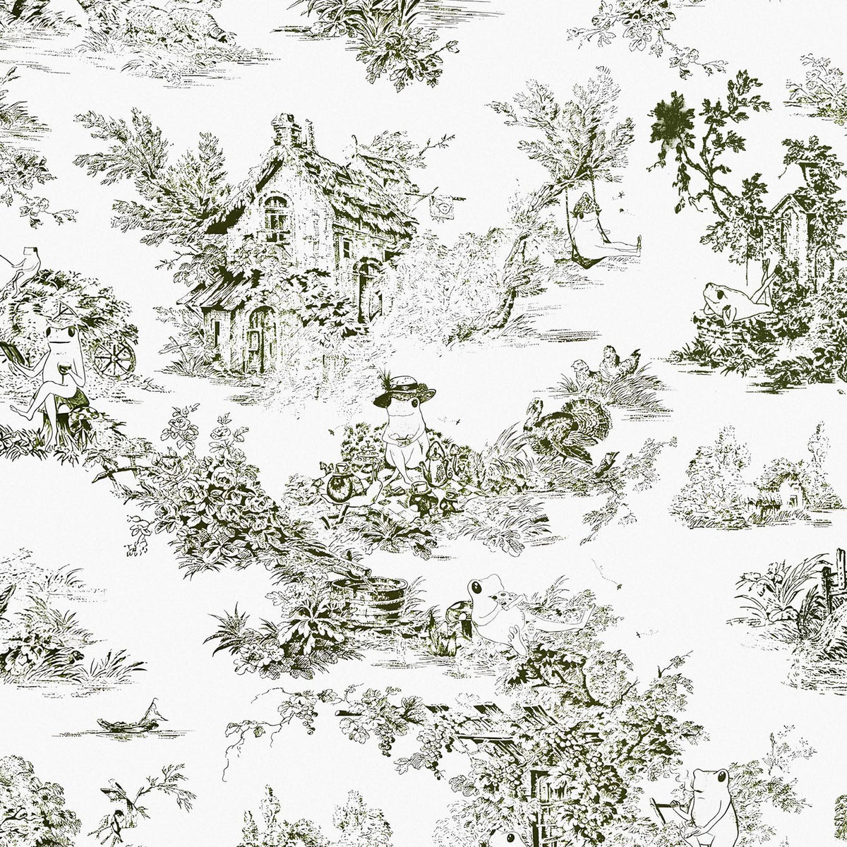 Mindsoft green and white frog toile pattern adds vintage charm to any bathroom