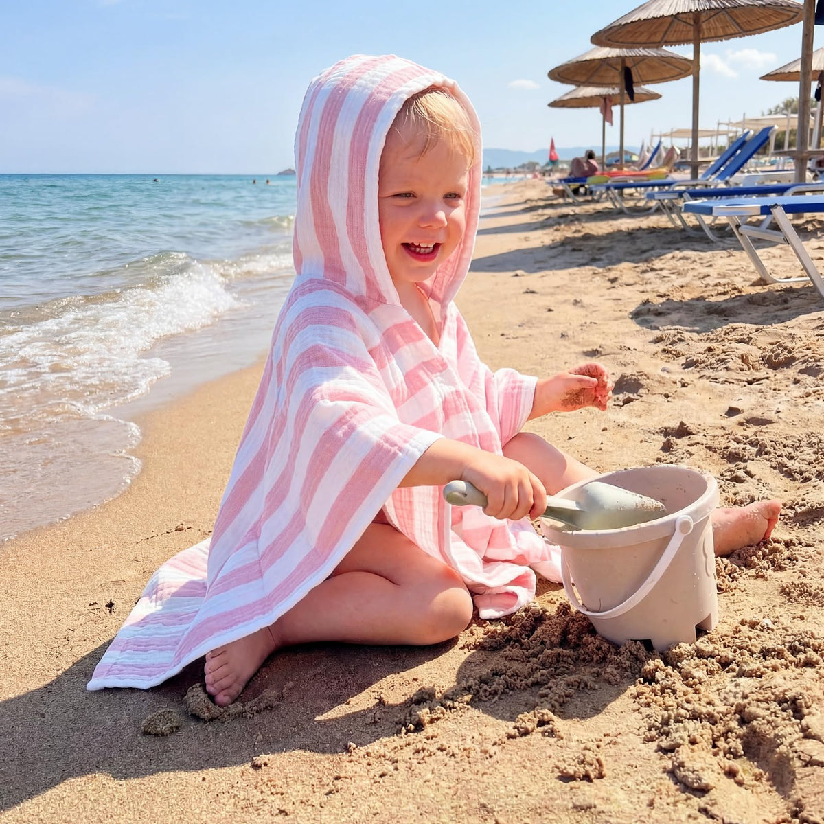 Mindsoft Muslin Hooded Towel pink after-bath use ideal for drying hair quickly.