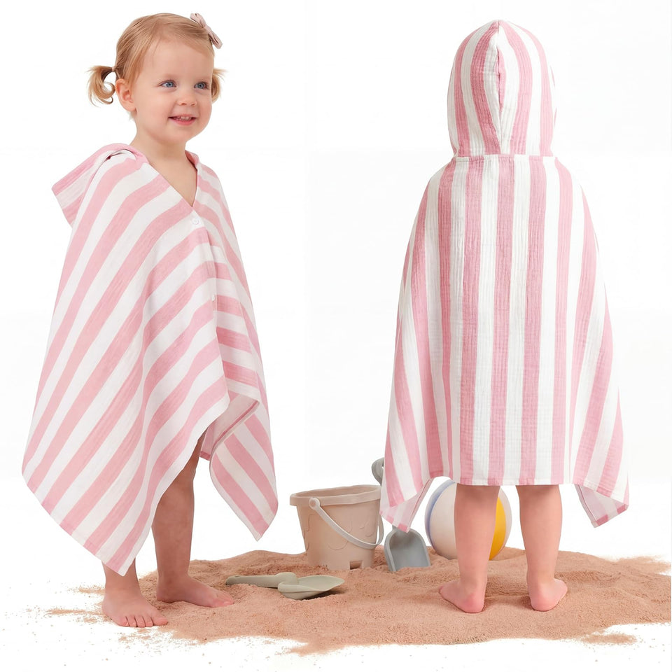 Mindsoft Muslin Hooded Towel pink front view shows plush, skin-friendly fabric after bath.