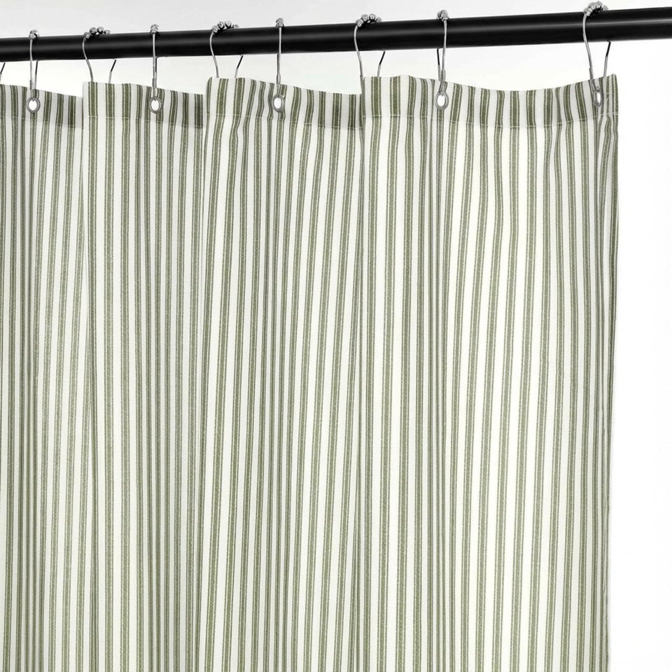 Mindsoft stripe cotton toile shower curtain in green and white, durable fabric for daily use.