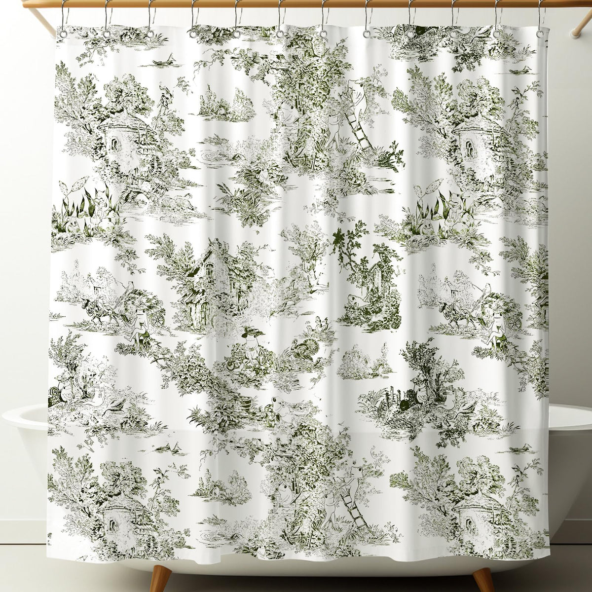 Mindsoft vintage frog toile shower curtain closeup with durable green-and-white motif