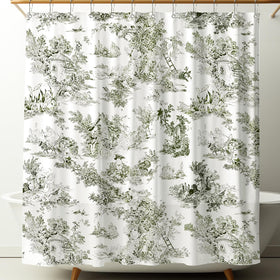 Mindsoft vintage frog toile shower curtain closeup with durable green-and-white motif