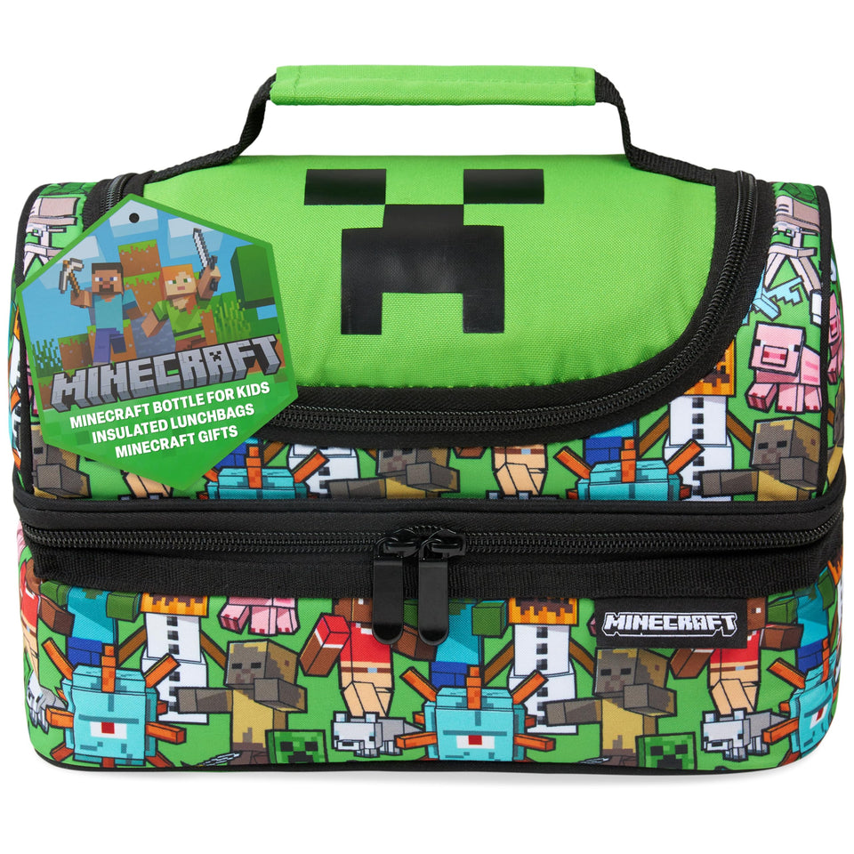 Minecraft Creeper lunch bag with water bottle keeps snacks fresh during outings