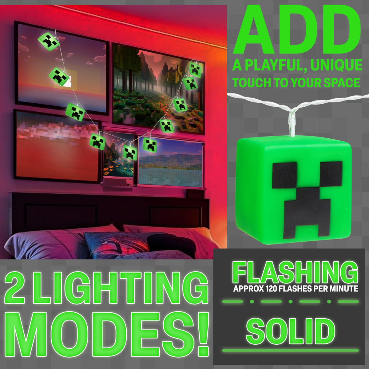 Minecraft LED lights offer two modes for steady or flashing ambience.