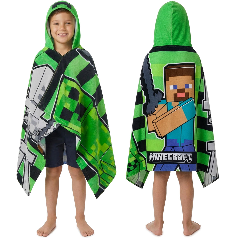 Minecraft towelling poncho front view in green and black for kids' bath time