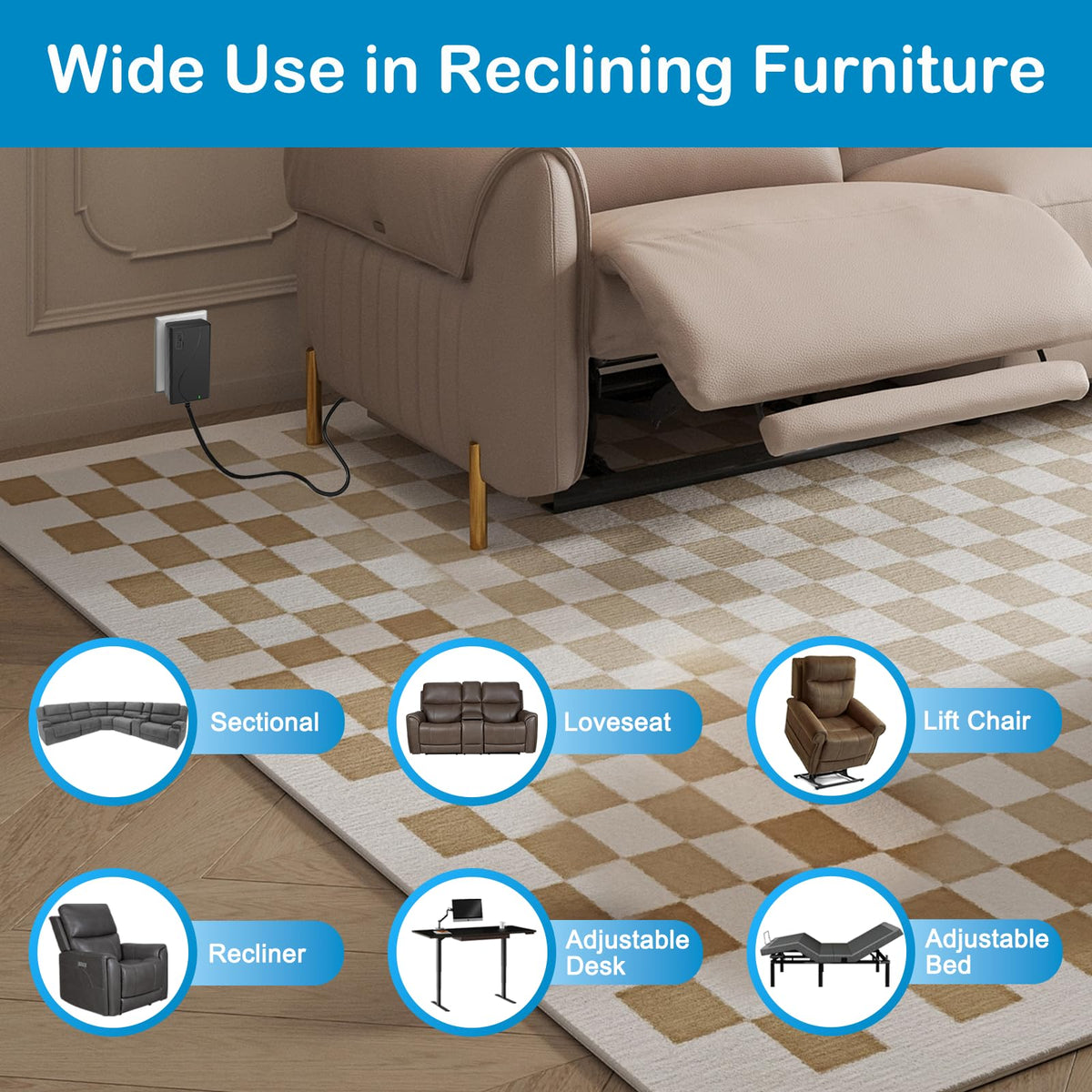 MineCtrl recliner power supply side label displays model and compatibility details.