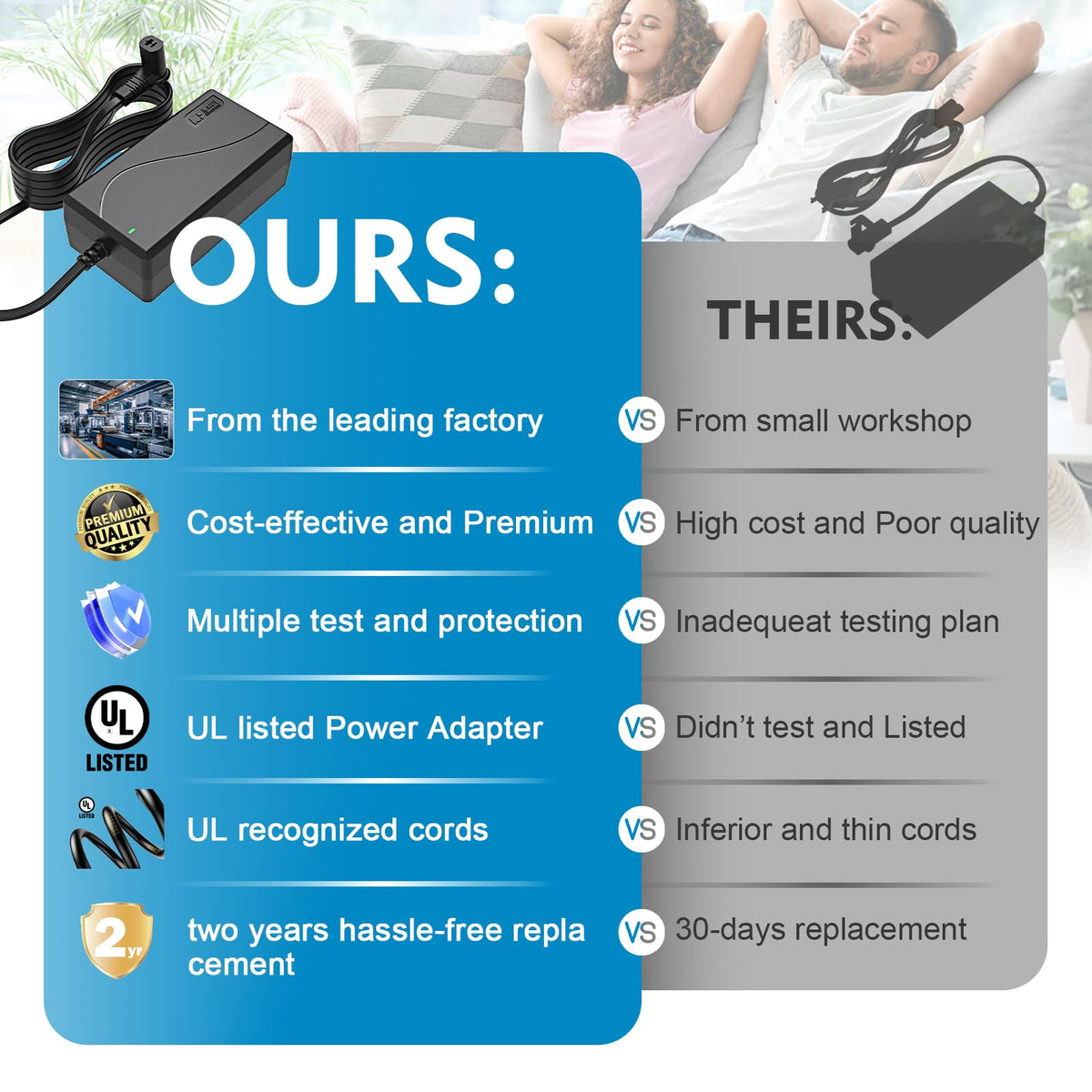 MineCtrl recliner power supply warranty card highlighting a 2-year replacement policy.