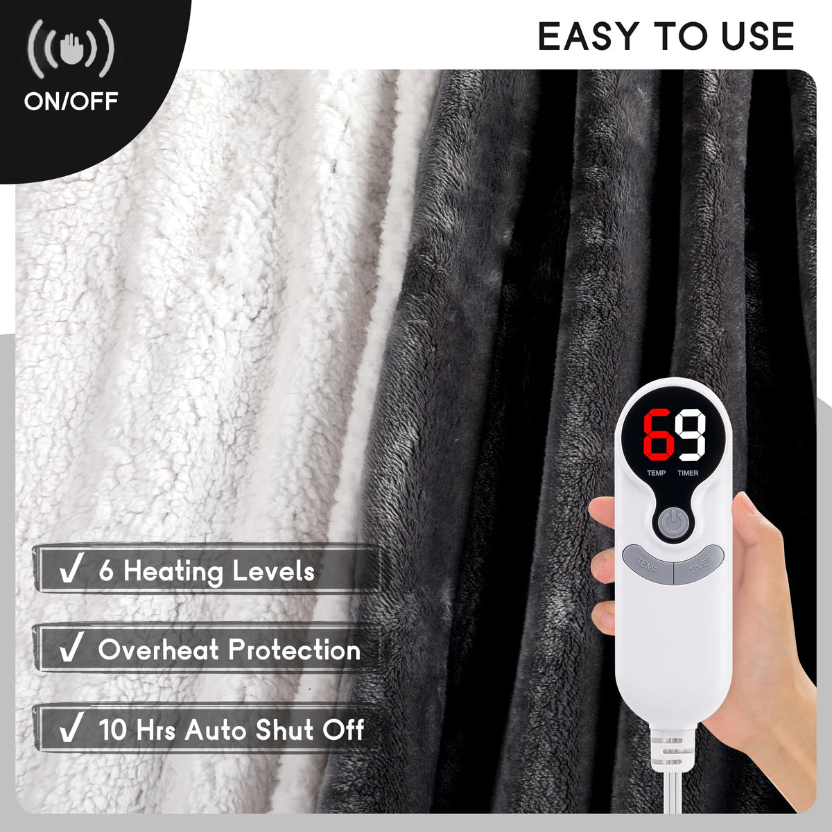 Minervada blanket auto shut-off feature for safe overnight use.