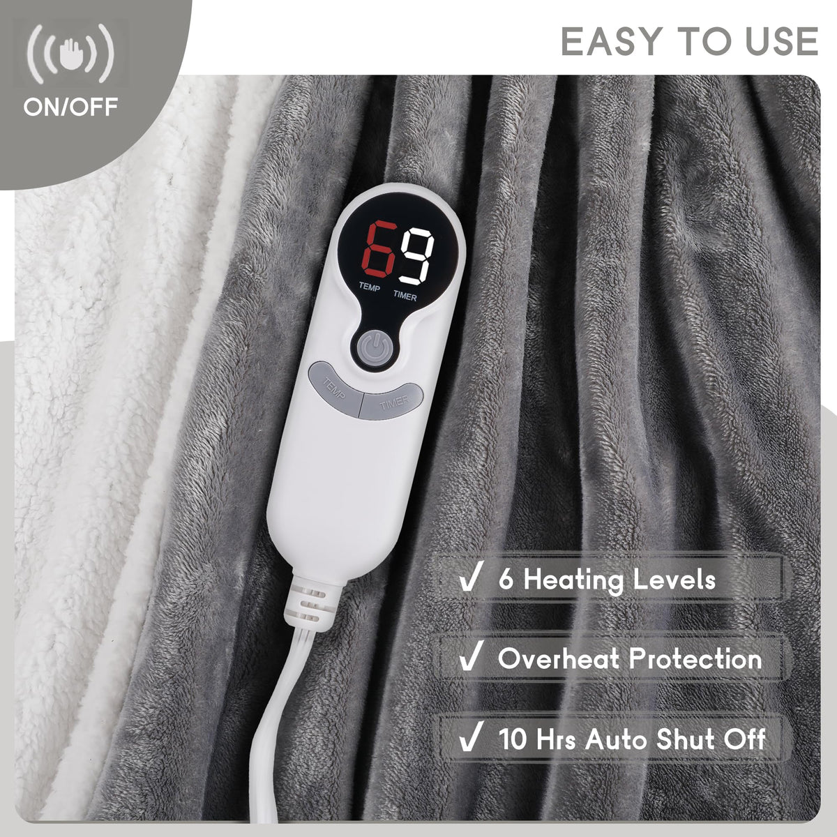 Minervada heated blanket on flannel side highlights plush texture.