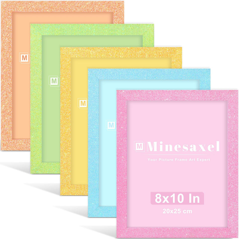 Minesaxel 8x10 colorful glitter frame set for wall or tabletop display, ideal for rotating kid art