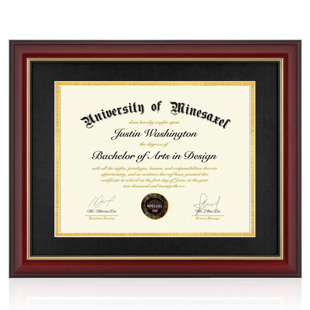 Minesaxel diploma frame front view in cherry red for bold wall display
