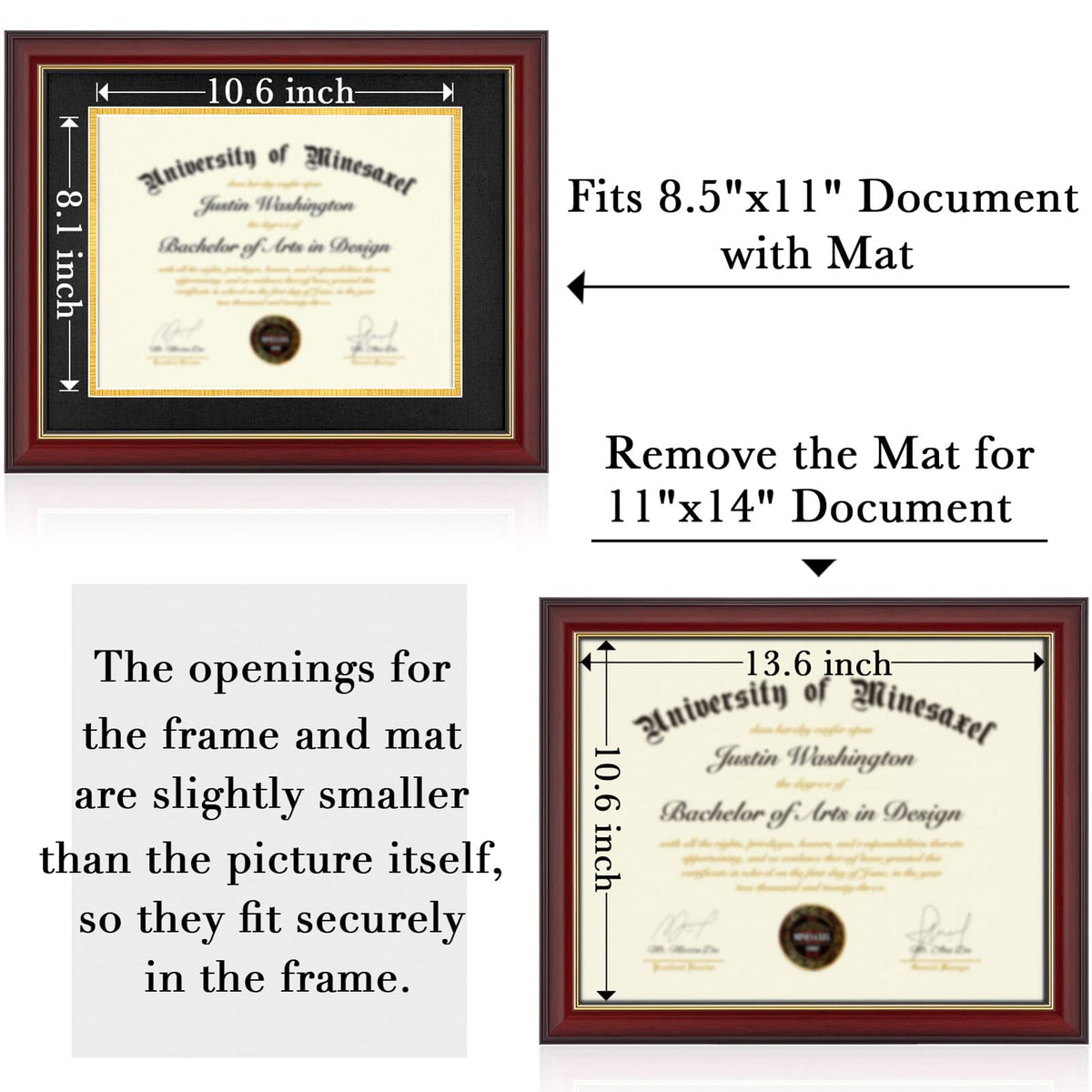 Minesaxel diploma frame mat inside showing 8.5x11 certificate option