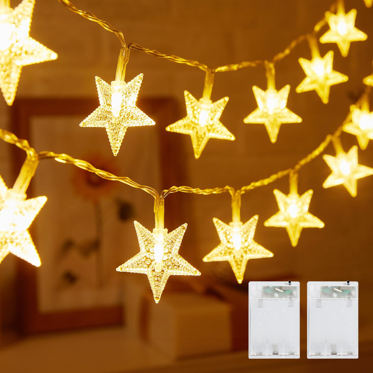 Minetom Star String Lights with battery operation for cozy indoor ambience.