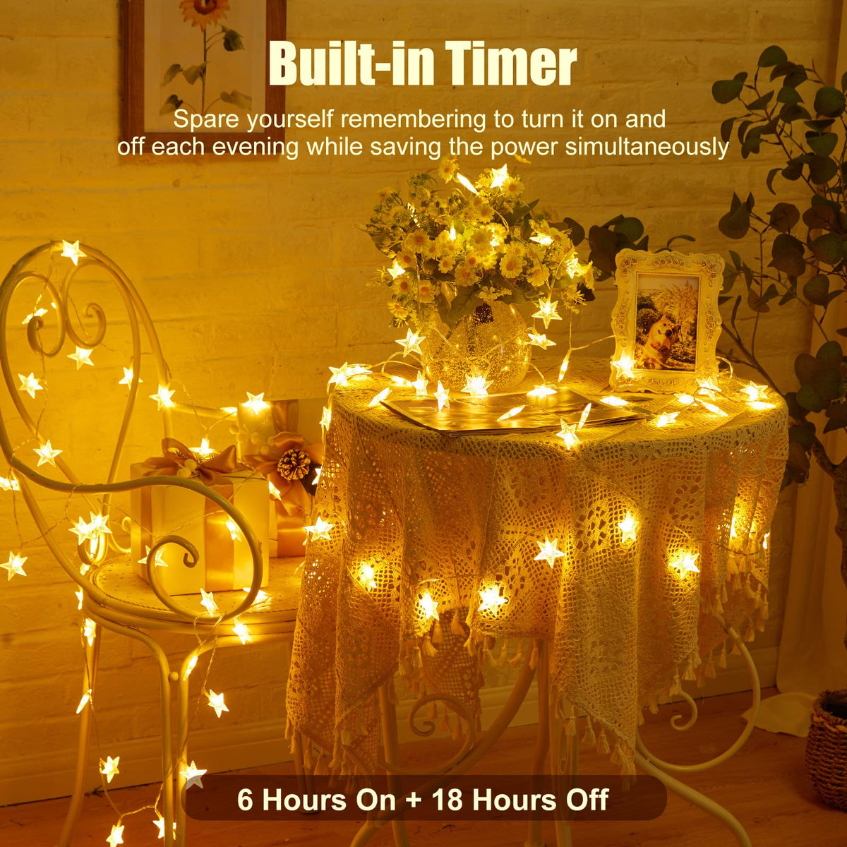 Minetom Star String Lights hanging setup for walls, windows, or headboards.