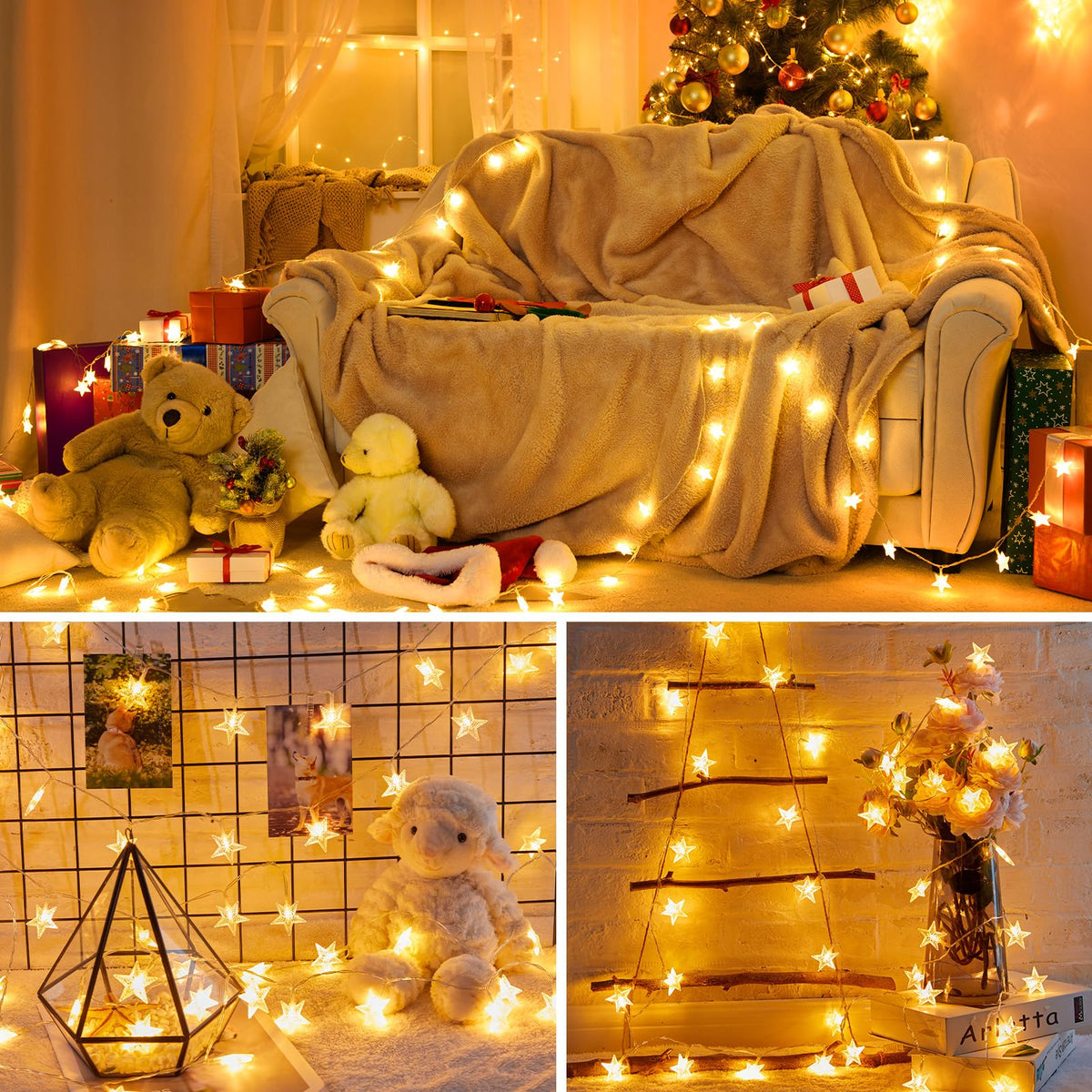 Minetom Star String Lights warm white glow for bedrooms or tents.