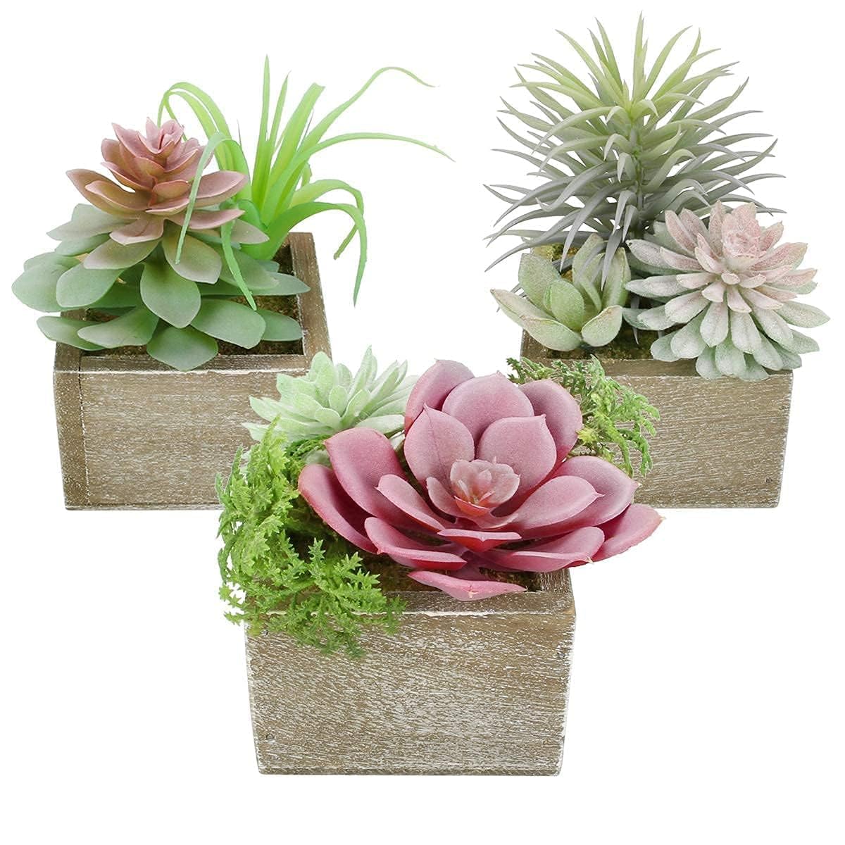 Mingfuxin artificial succulents in wood pots, 3-pack, brightening small spaces.