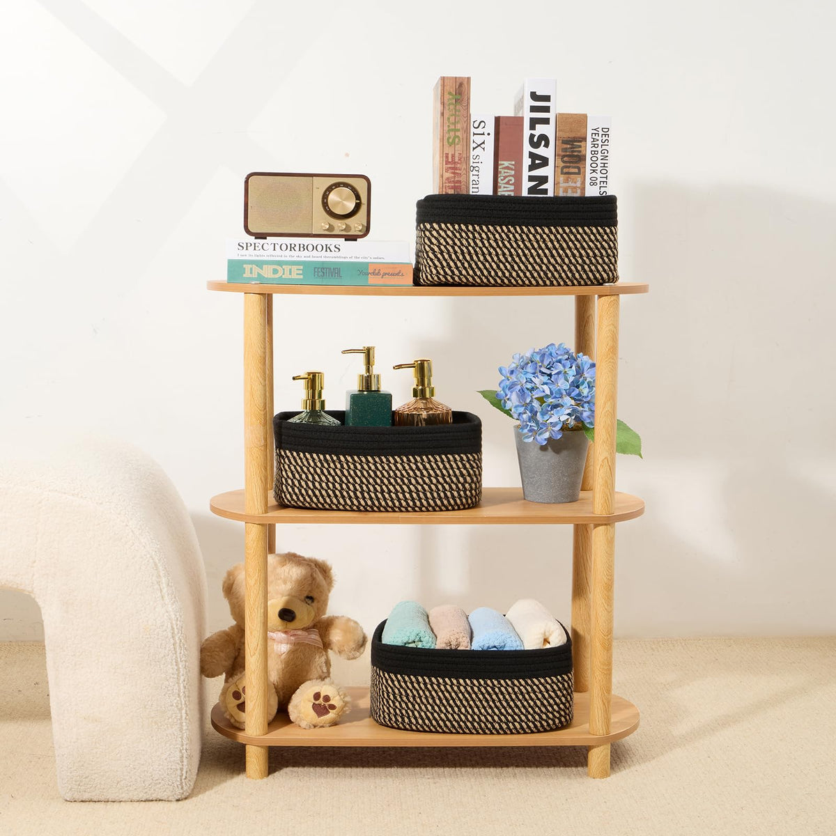 MiniArk living room shelf baskets add texture and warmth.