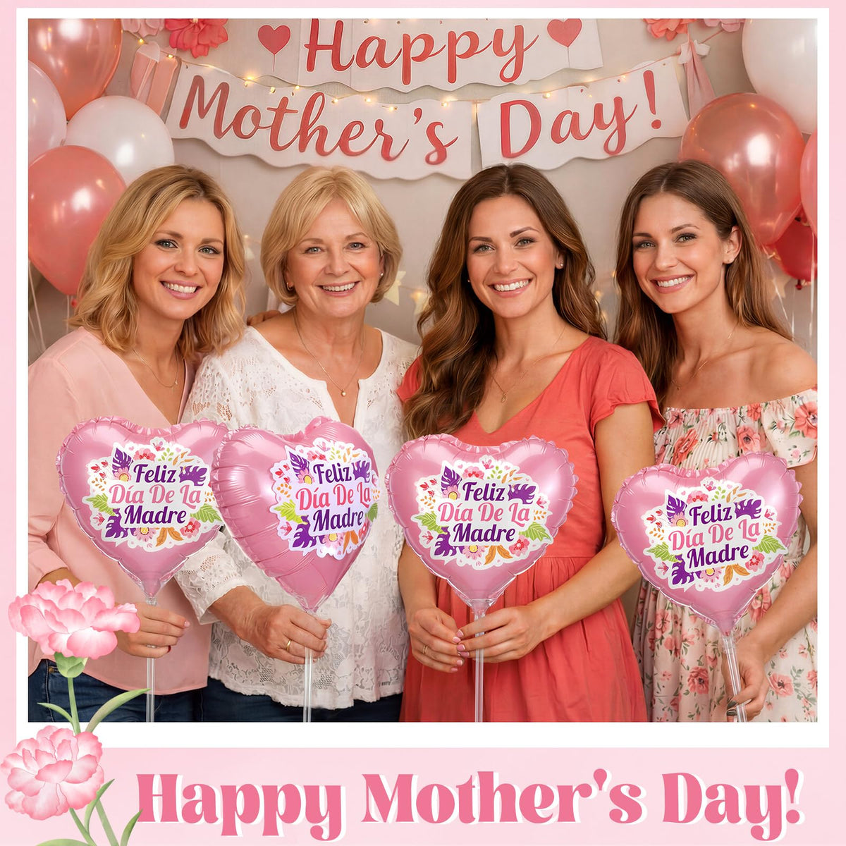 MiniInflat bouquet-style display creates a warm Mother's Day backdrop.