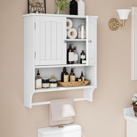Mino Kesper white wall-mounted bathroom cabinet front view with towel rack for organized space